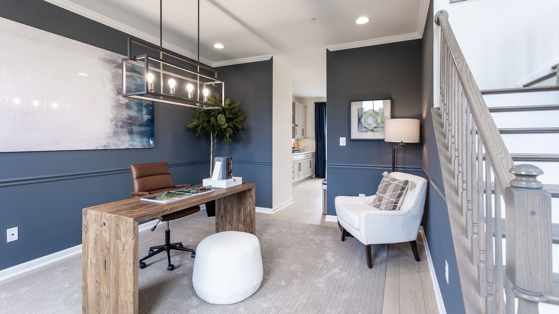 Elegantly transformed, the Oakdale II dining room serves as a sophisticated study.