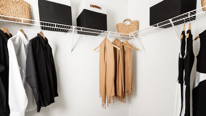Spacious closet with ample hanging space and wire shelving.