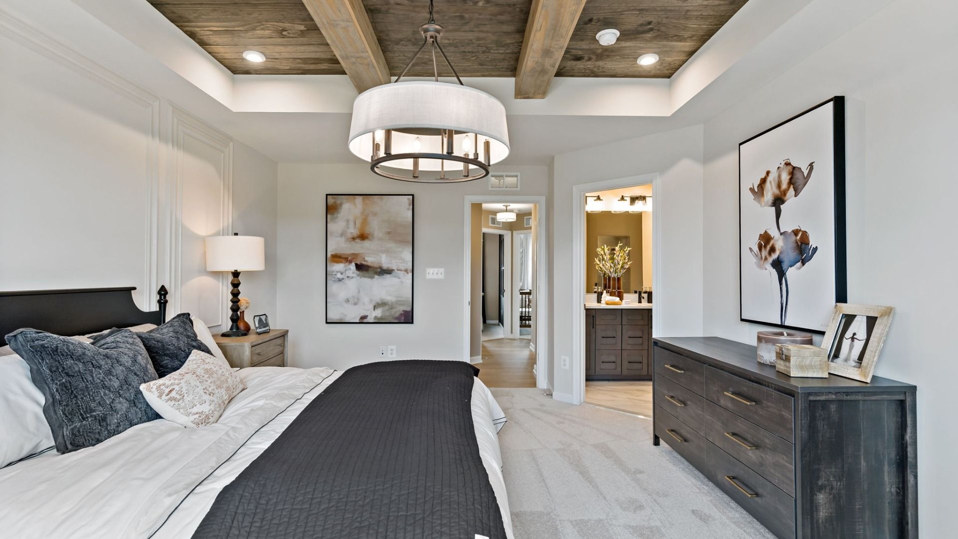 Spacious and stylish bedroom with rustic beams in the York II Garage floor plan at The Gallery, Martinsburg, WV.