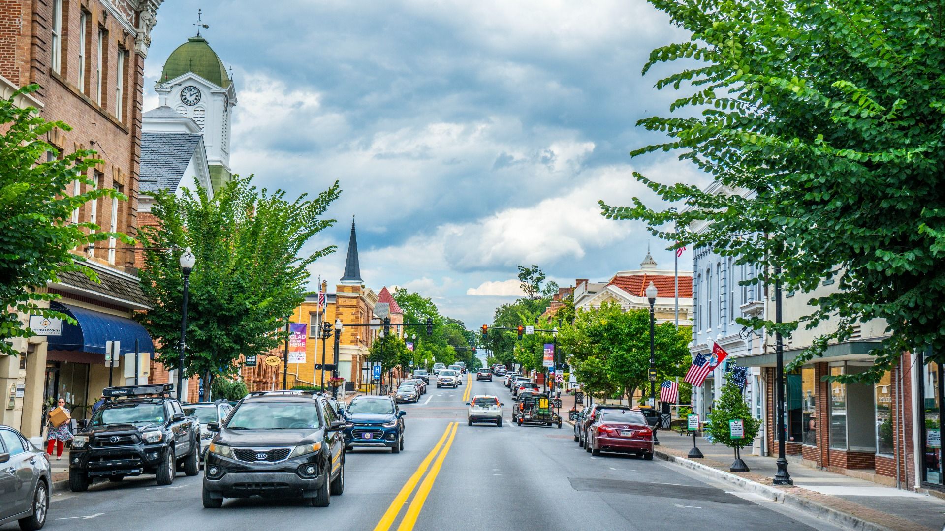 Vibrant streetscape of Main Street Charles Town, WV, just minutes from Huntfield.