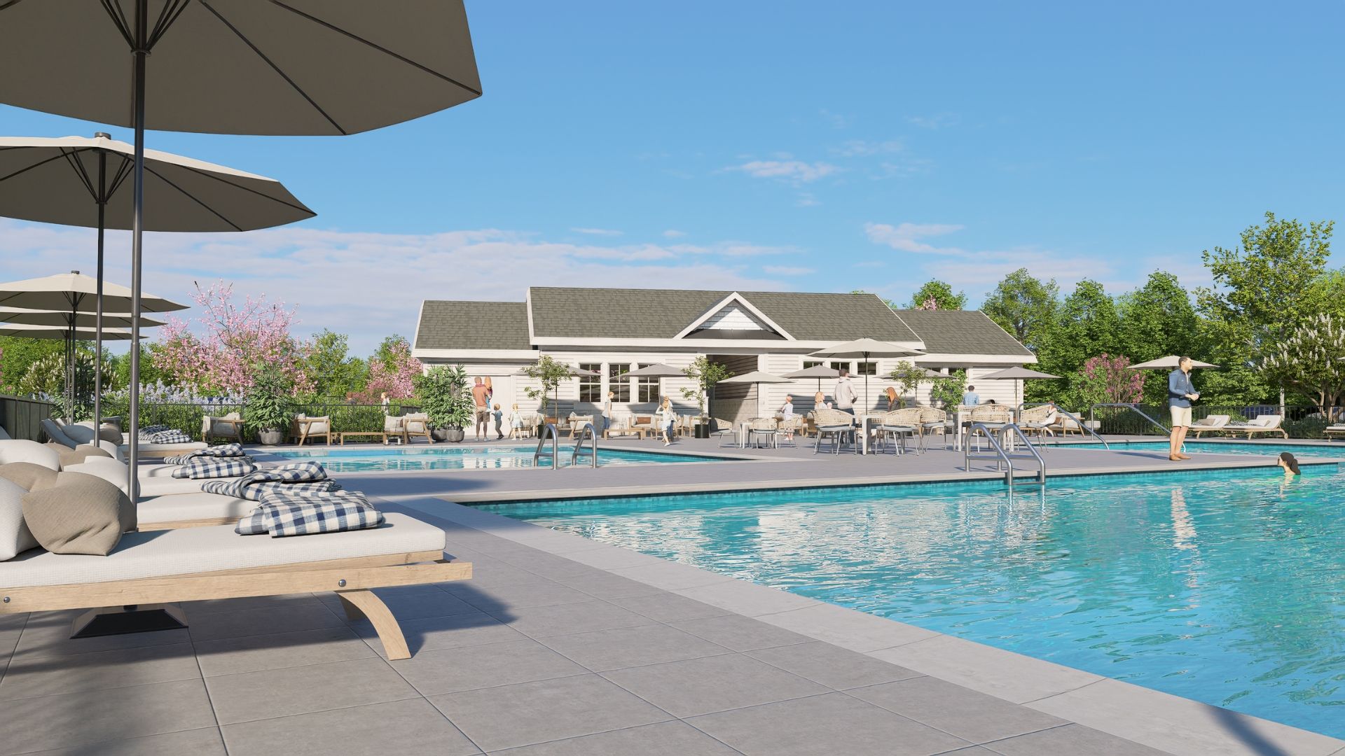 The large community pool, opening summer 2026, offers space for activities and memorable gatherings.