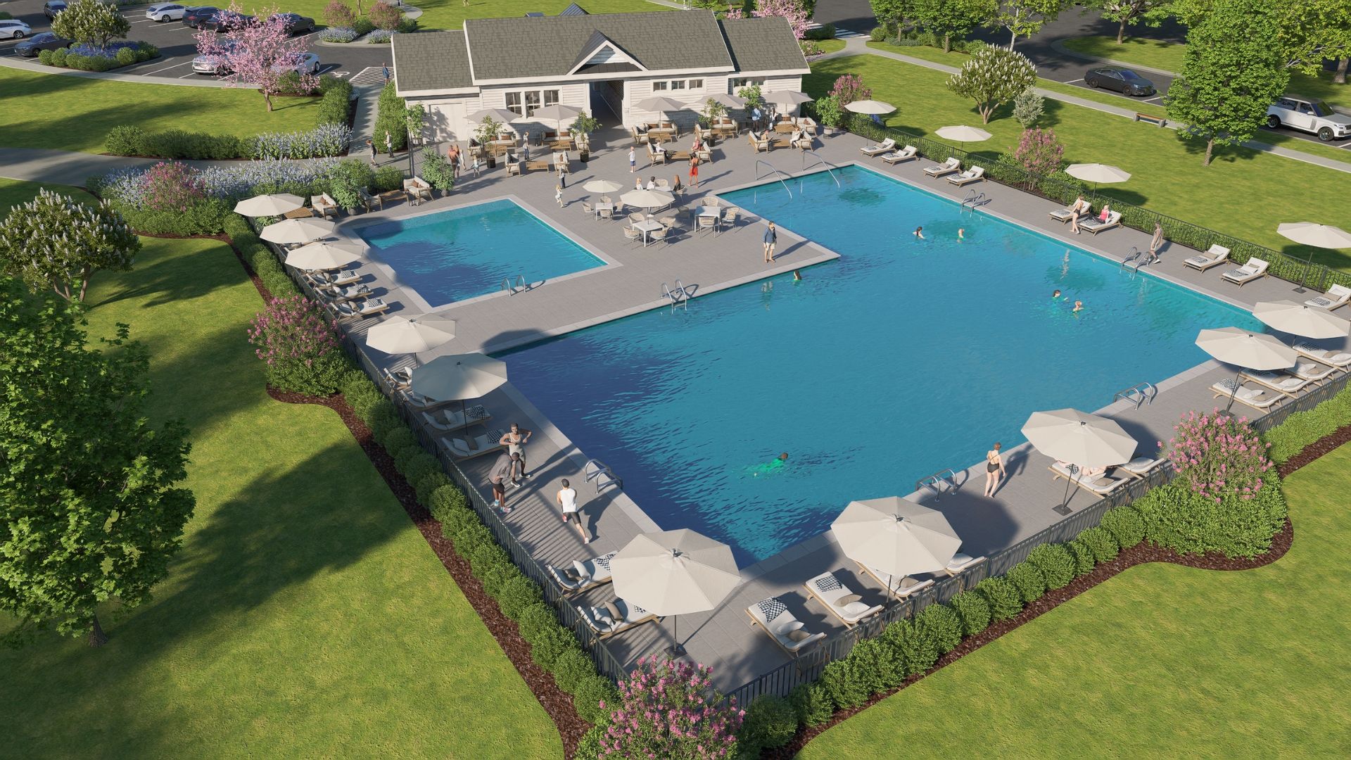 The Huntfield community pool, opening summer 2026, offers space for swimming and outdoor fun.