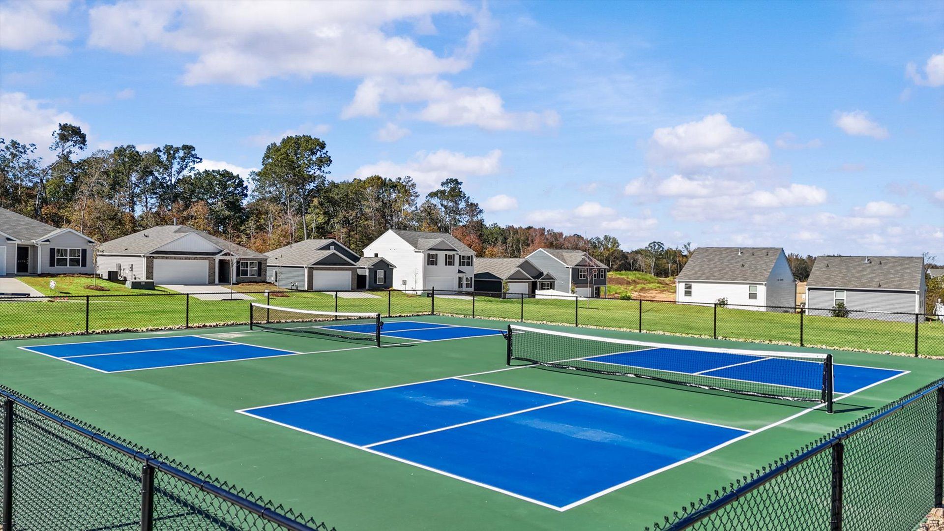 Two blue and green community pickleball courts located at Harrier Point in Woodruff, SC