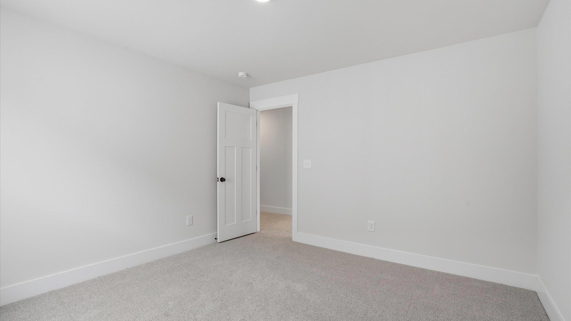 Accomplished design shines in this carpeted bedroom with a functional walk-in closet