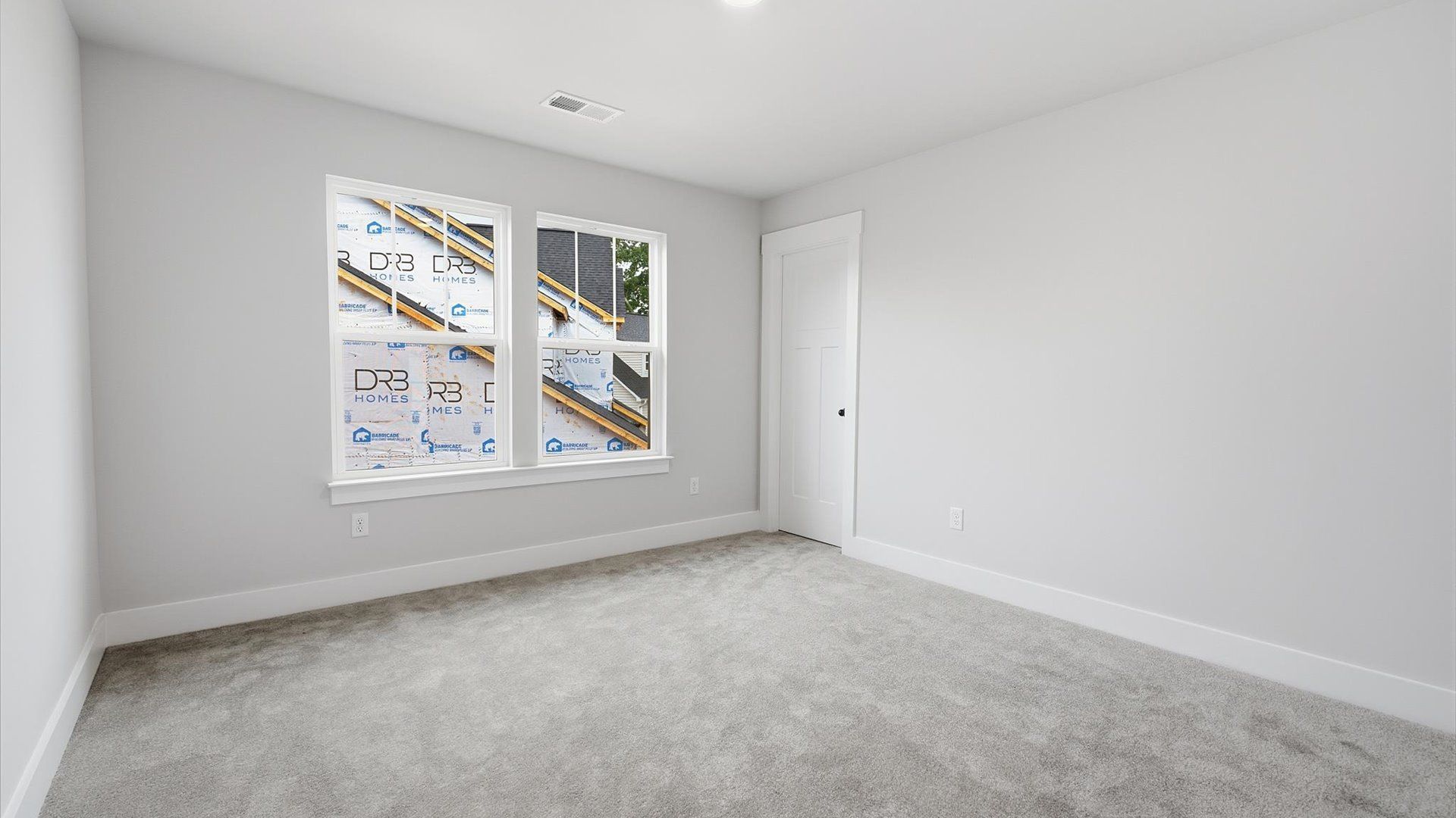 Tasteful bedroom with plush carpet, a walk-in closet, and large windows for abundant natural light