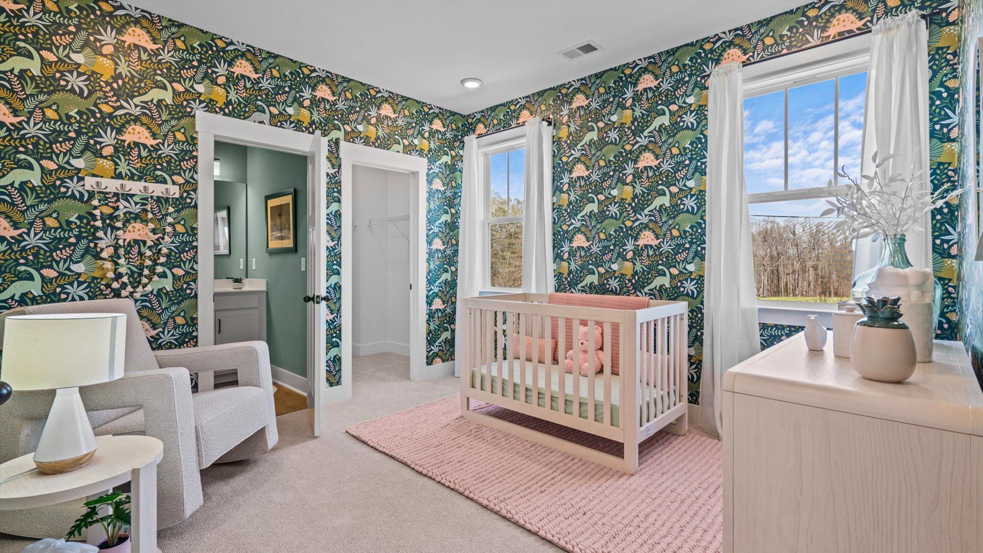 Secondary bedroom with carpeted floors, large windows, and wallpaper in Woodruff, SC
