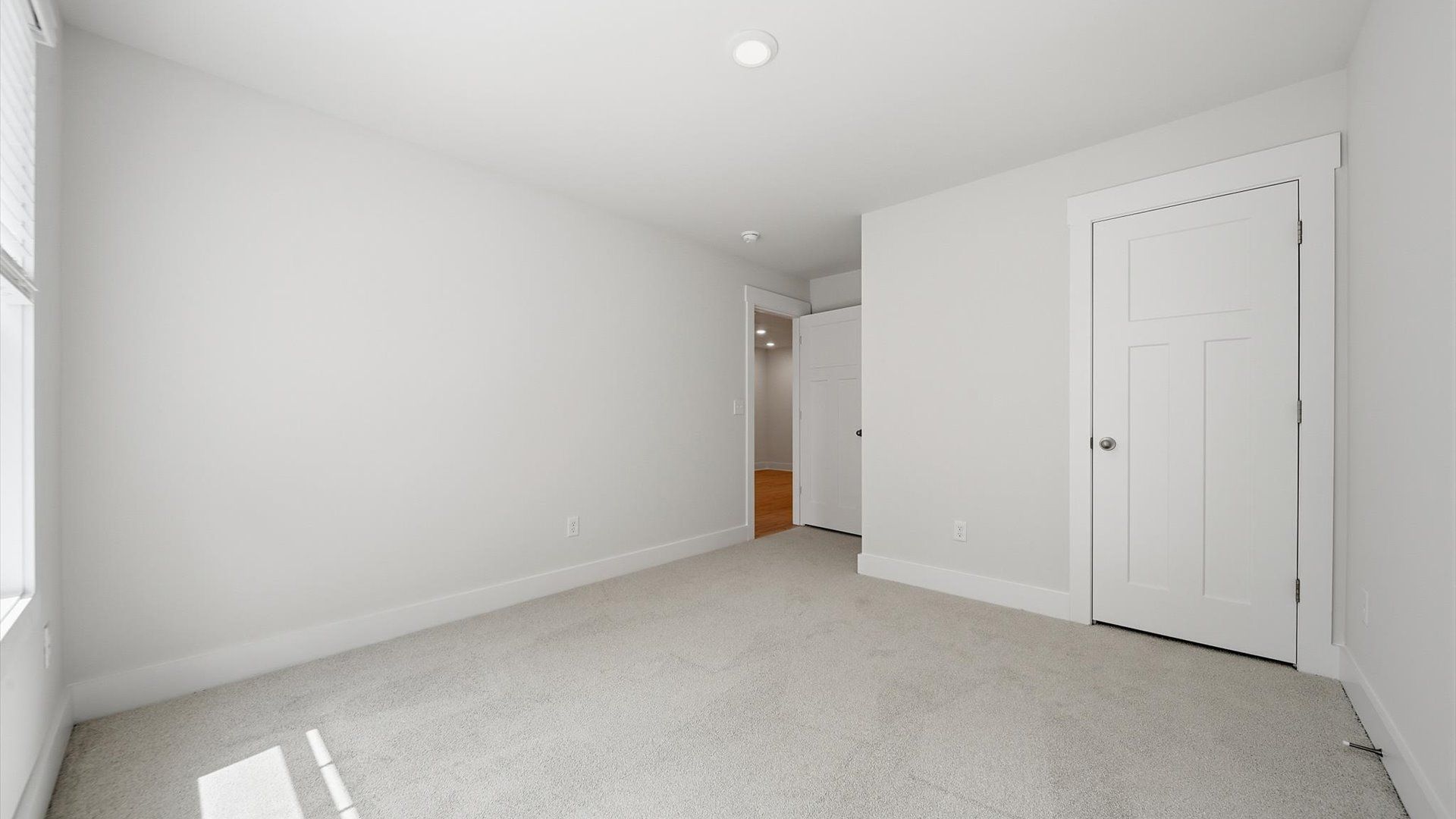 Highly functional bedroom with walk-in closet and tasteful carpet for a restful retreat