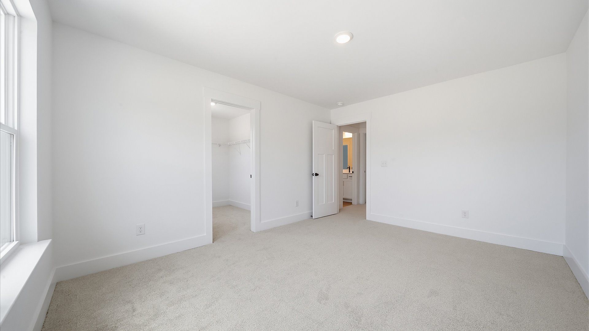 Elegant bedroom retreat featuring soft carpeting and a thoughtfully designed walk-in closet