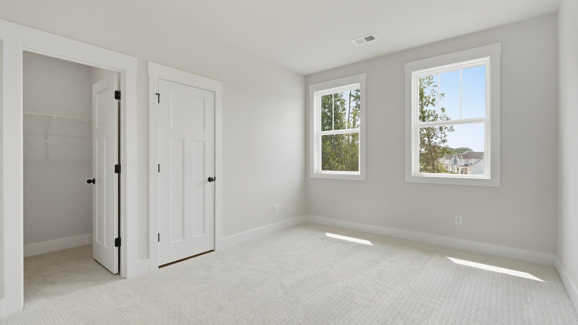 Memorable space with walk-in closet, soft carpeting, and striking natural light from large windows