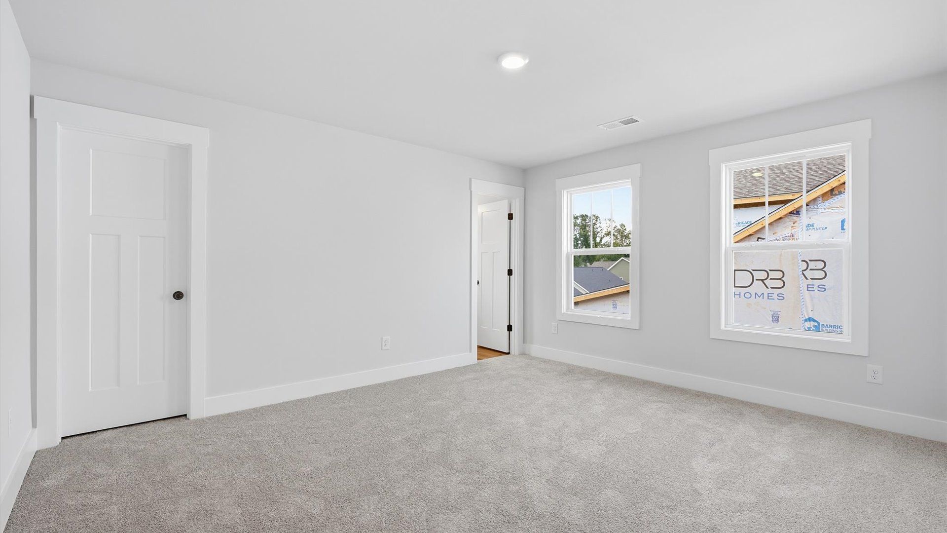 Tasteful bedroom with plush carpet, a walk-in closet, and large windows for abundant natural light