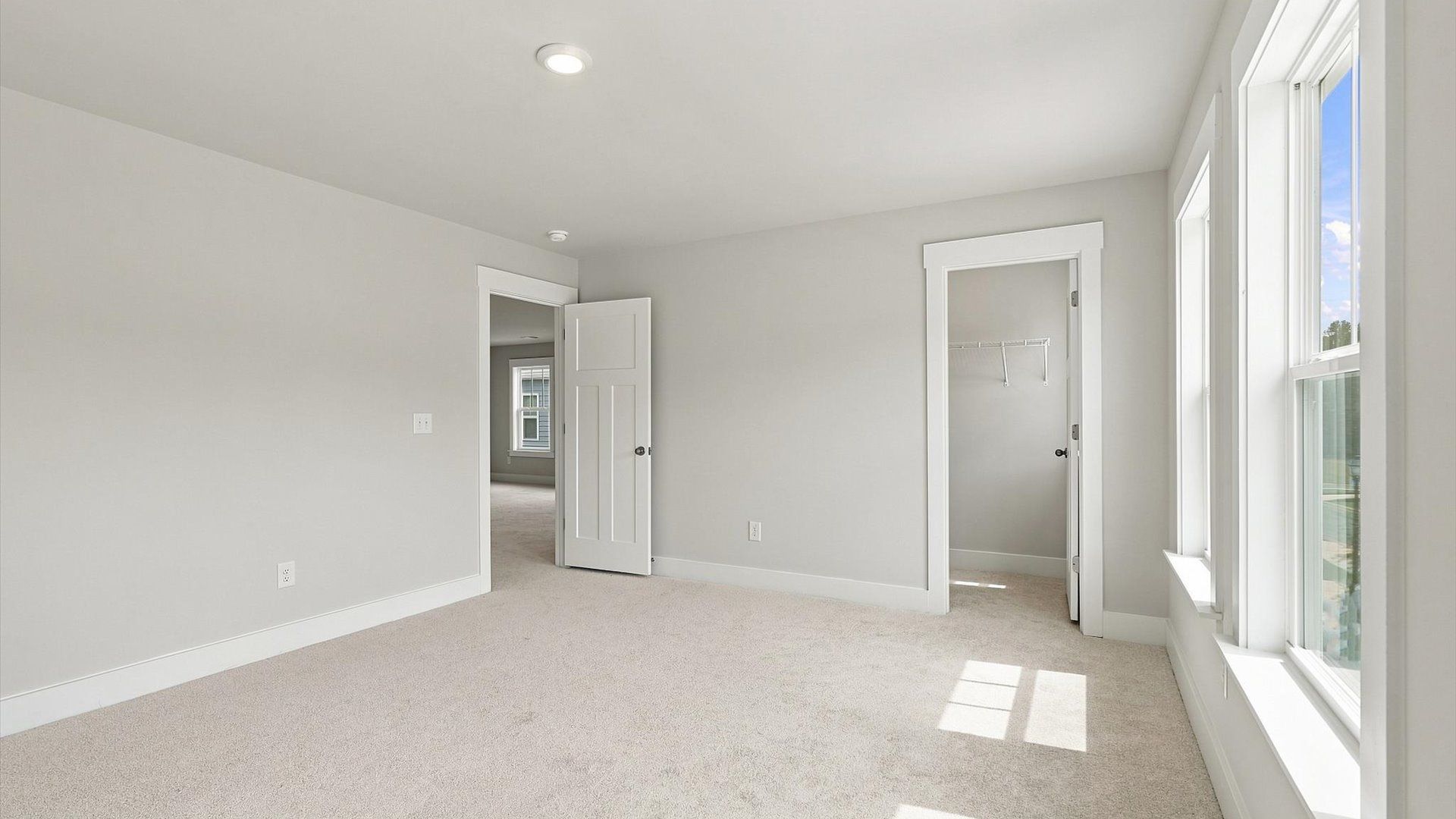 Highly functional bedroom with walk-in closet and tasteful carpet for a restful retreat