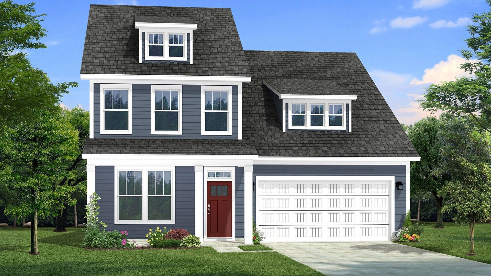 Two-story single family home with blue siding, lots of windows, a covered front porch and 2 car garage.