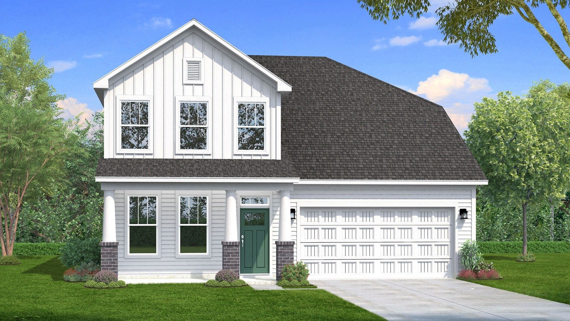 Two-story single family home with white siding, a covered front porch and 2 car garage.