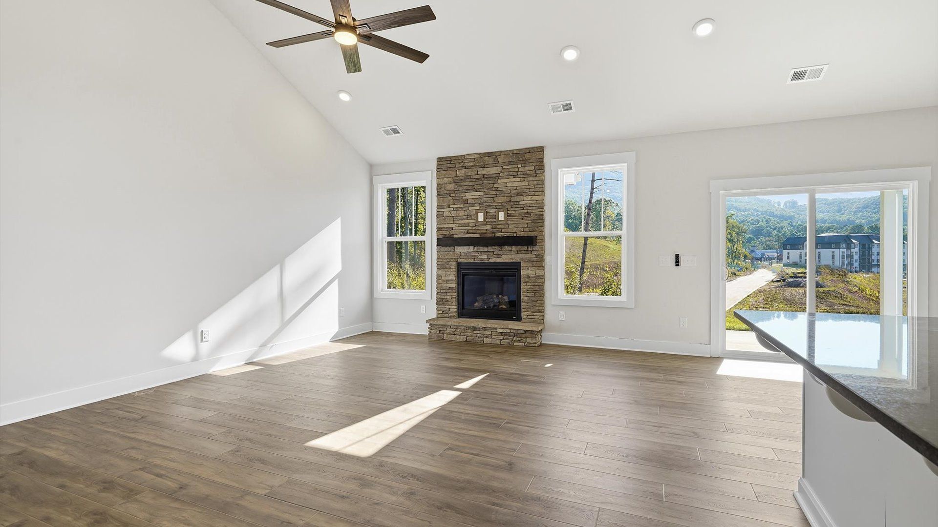 First-rate family room with eye-catching two-story ceilings and superior architectural detail