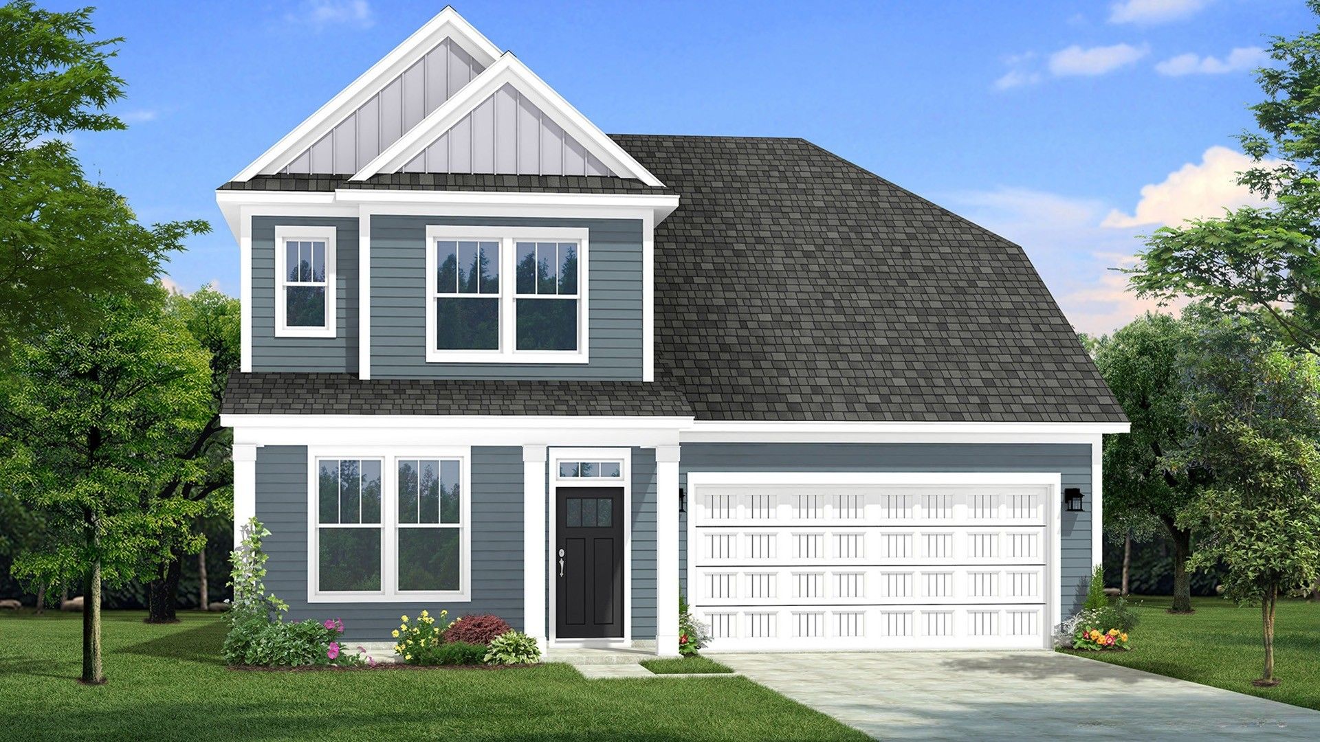 Two-story single family home with blue siding, a covered front porch and 2 car garage.