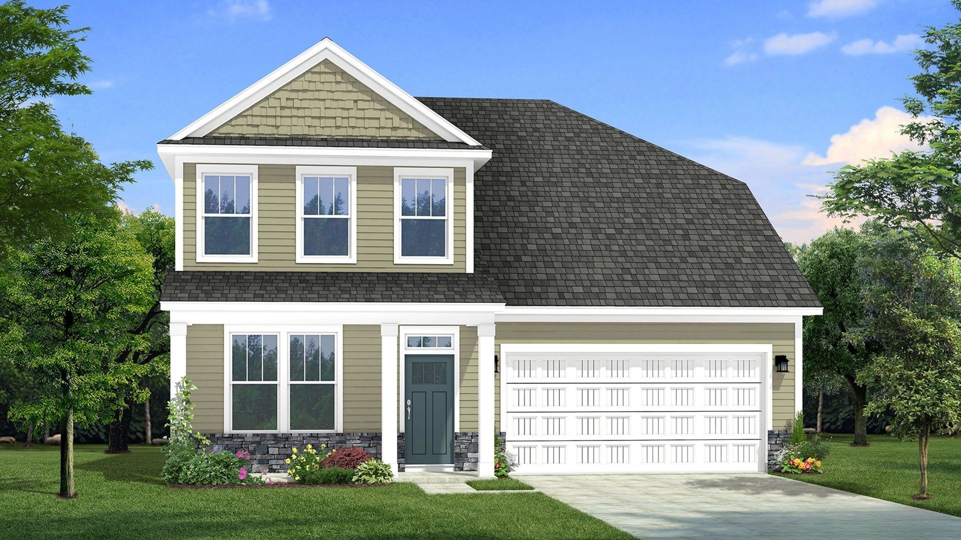Two-story single family home with brown siding, stone water table, a covered front porch and 2 car garage.