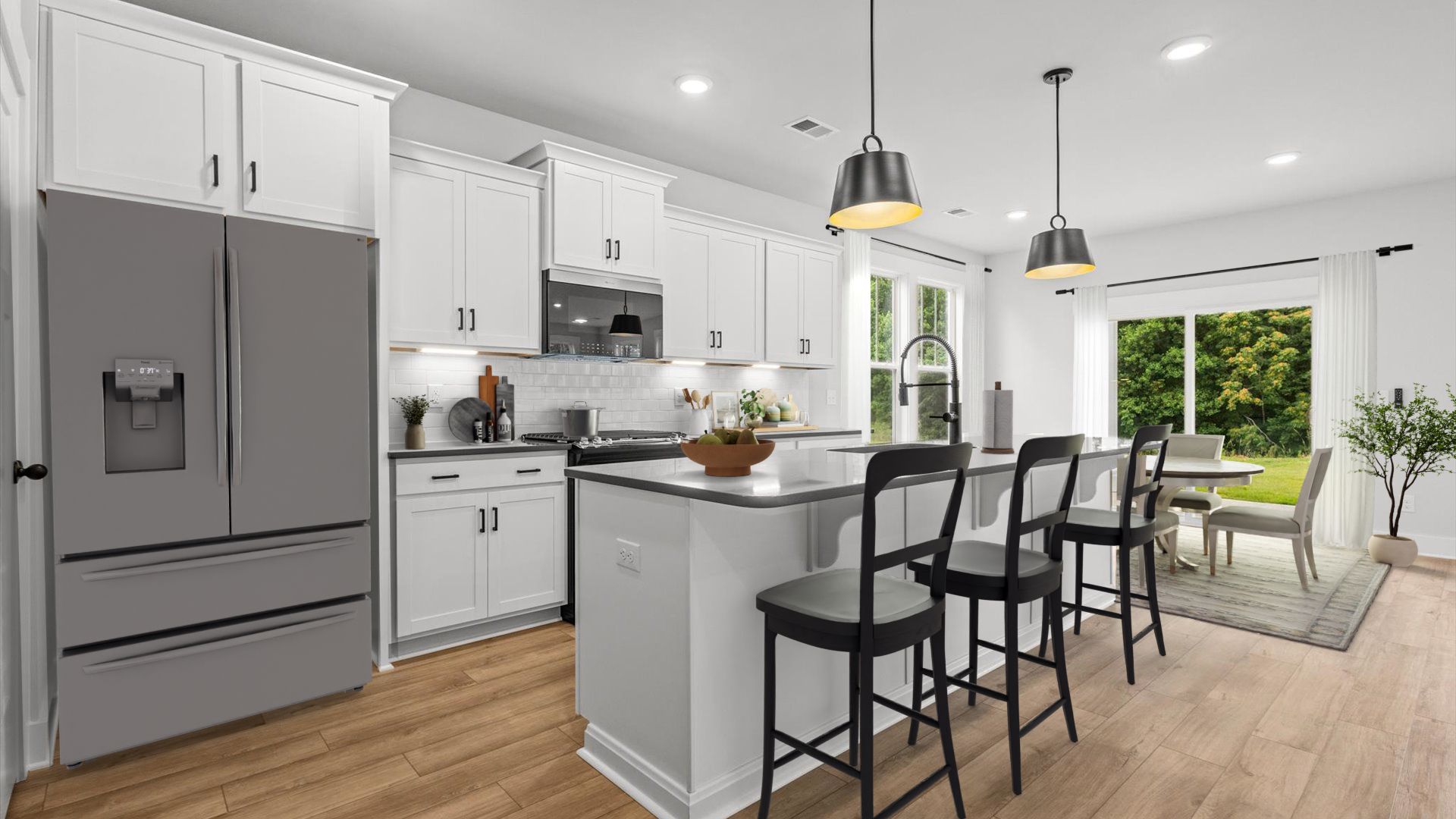 Neroli home plan modern kitchen overlooking breakfast area white cabinetry