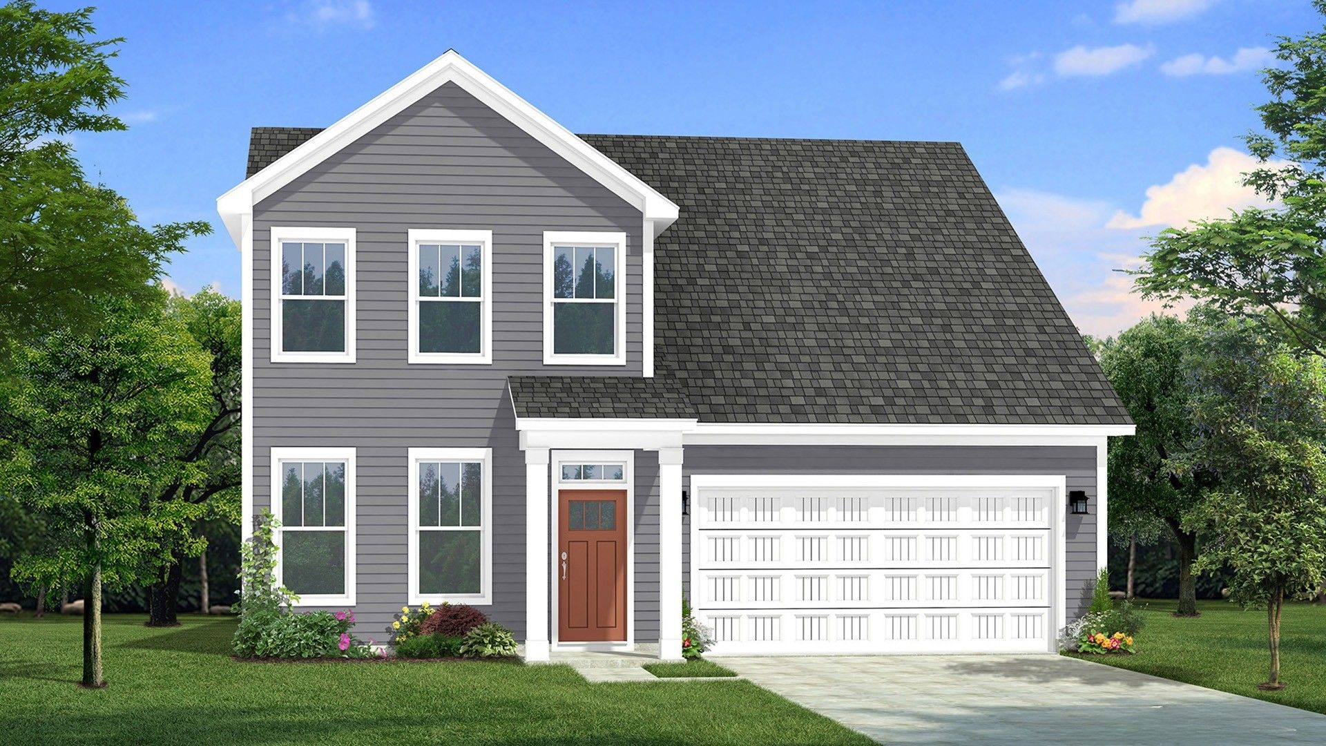 Two-story single family home with gray siding, a covered front porch and 2 car garage.