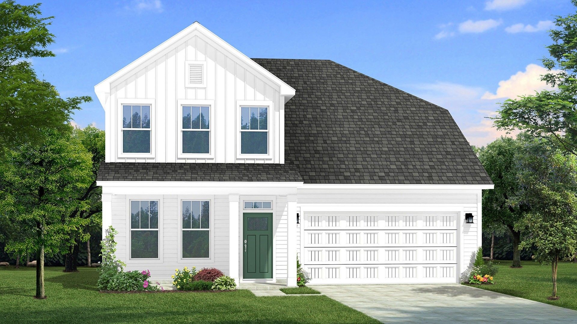 Two-story single family home with white siding, a covered front porch and 2 car garage.