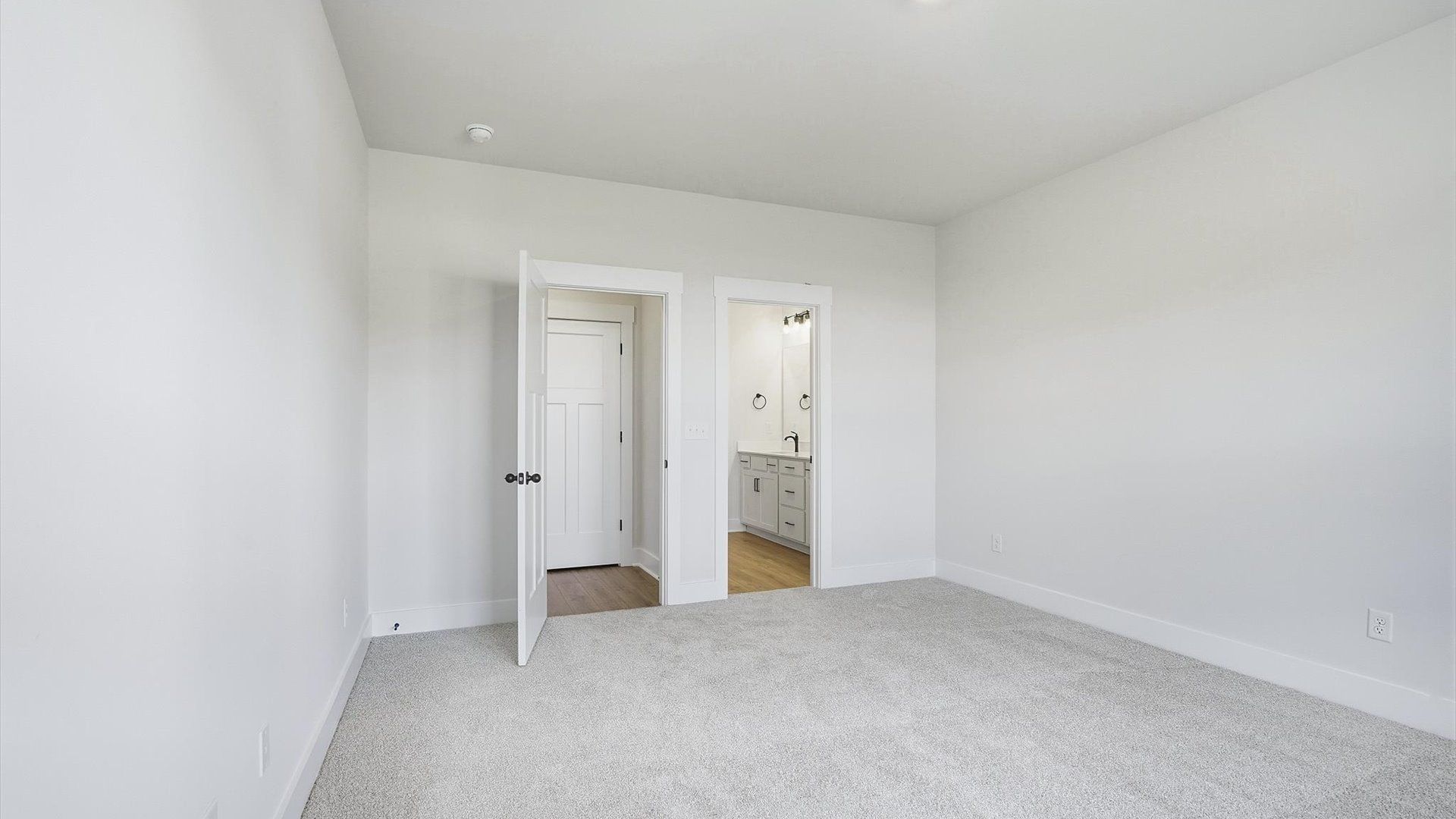 Serene and stylish primary bedroom featuring carpet flooring and a thoughtful, modern layout near Downtown Fountain Inn
