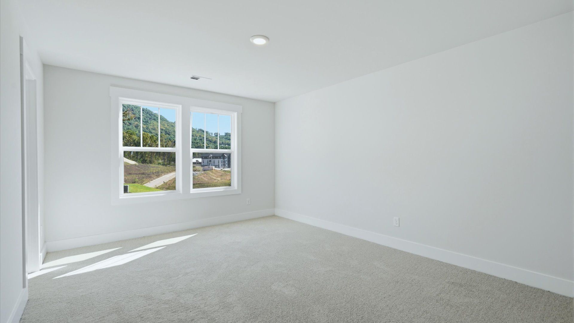 Tasteful bedroom with plush carpet, a walk-in closet, and large windows for abundant natural light by DRB Homes
