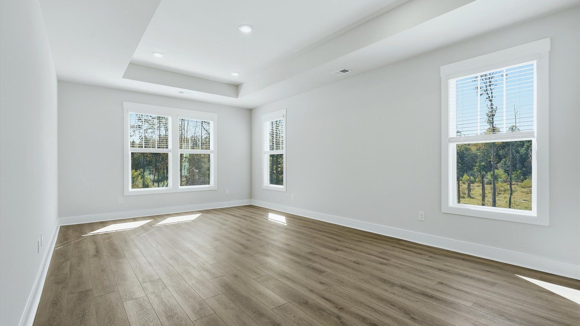 Serene and stylish primary bedroom featuring hardwood flooring and a thoughtful, modern layout in Easley, SC