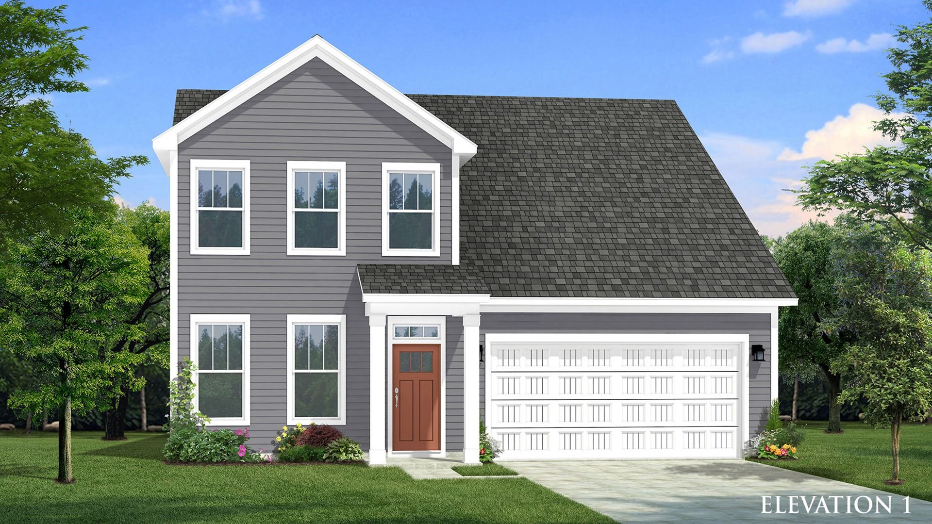 Two-story single family home with gray siding, a covered front porch and 2 car garage.