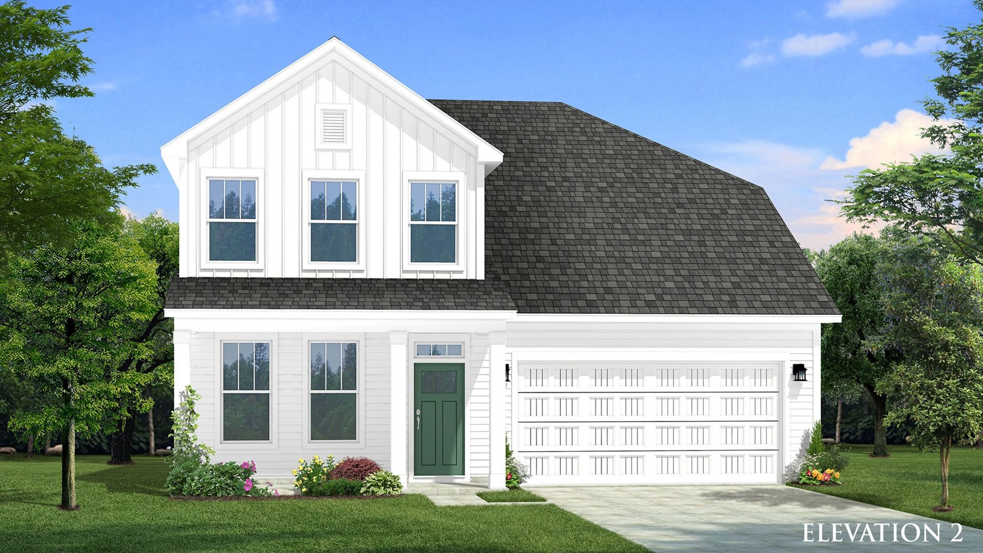 Two-story single family home with white siding, a covered front porch and 2 car garage.