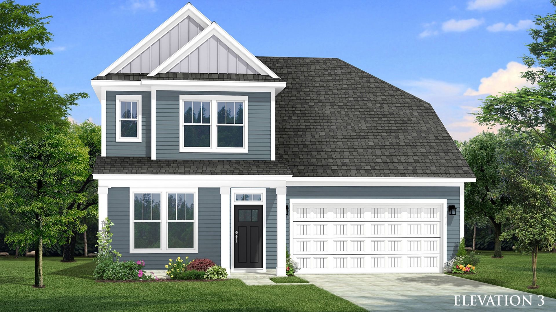Two-story single family home with blue siding, a covered front porch and 2 car garage.