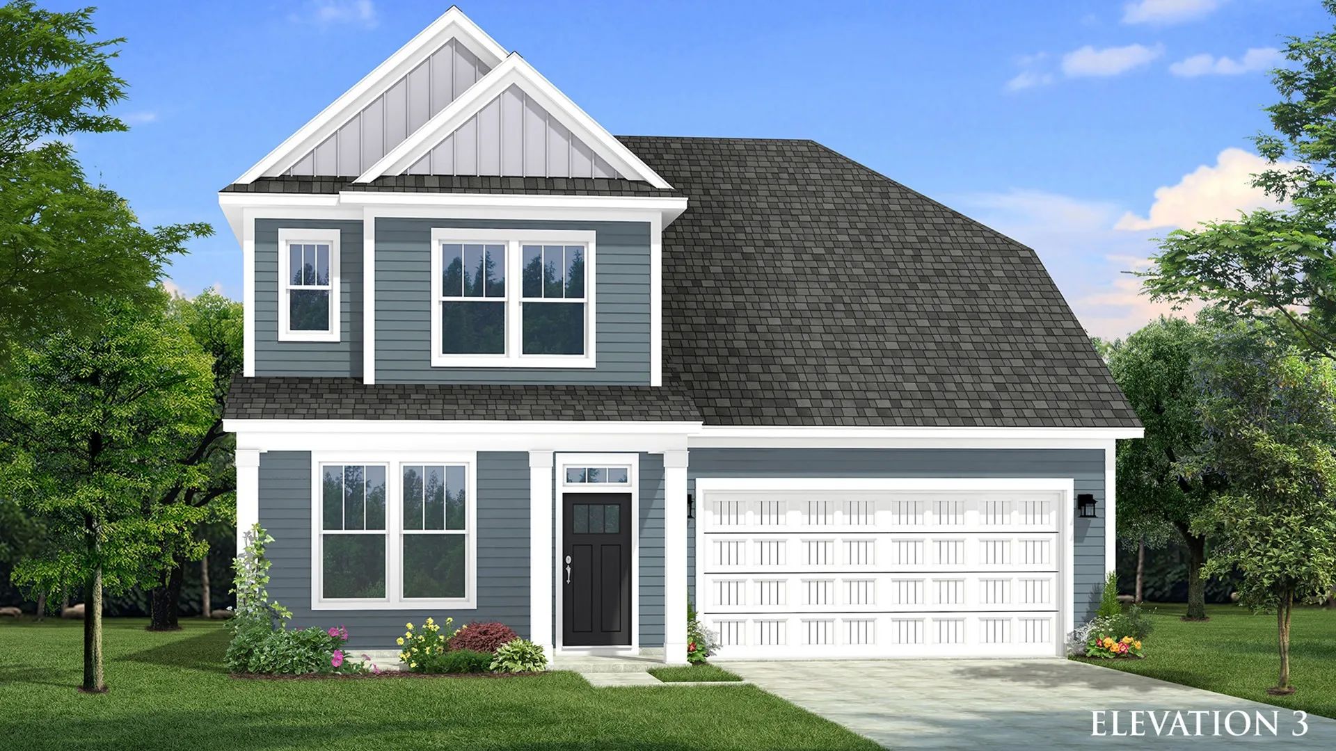 Two-story single family home with blue siding, a covered front porch and 2 car garage.