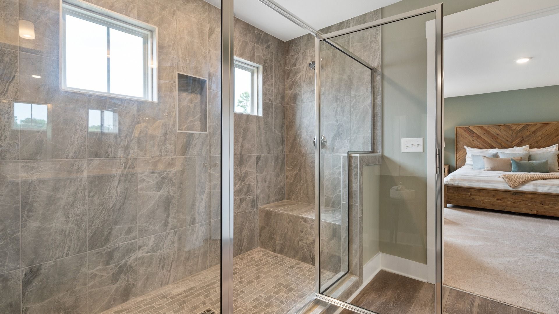 DRB Homes' Walnut Ridge primary bathroom with stunning tiled walk-in shower in Inman, SC