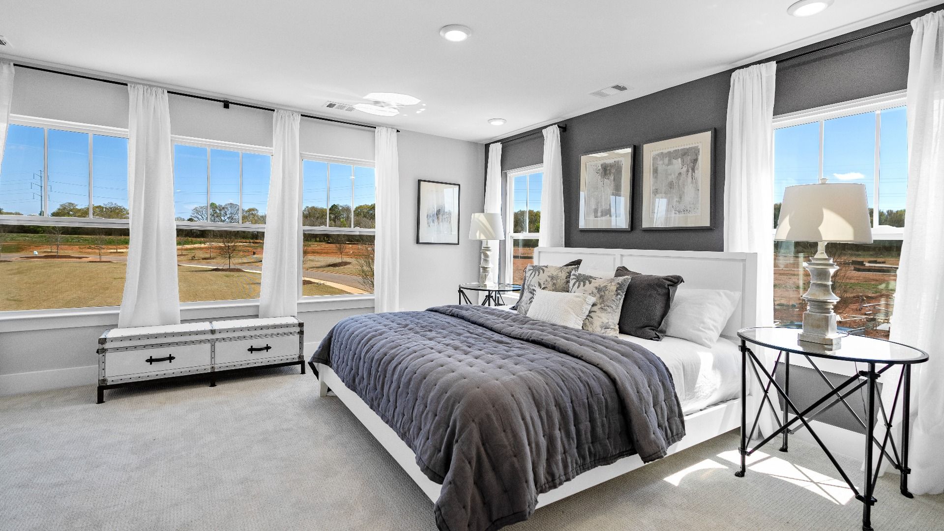 Cozy, inviting primary suite adorned with windows and plush carpet in two story townhome at Hickory Heights by DRB Homes