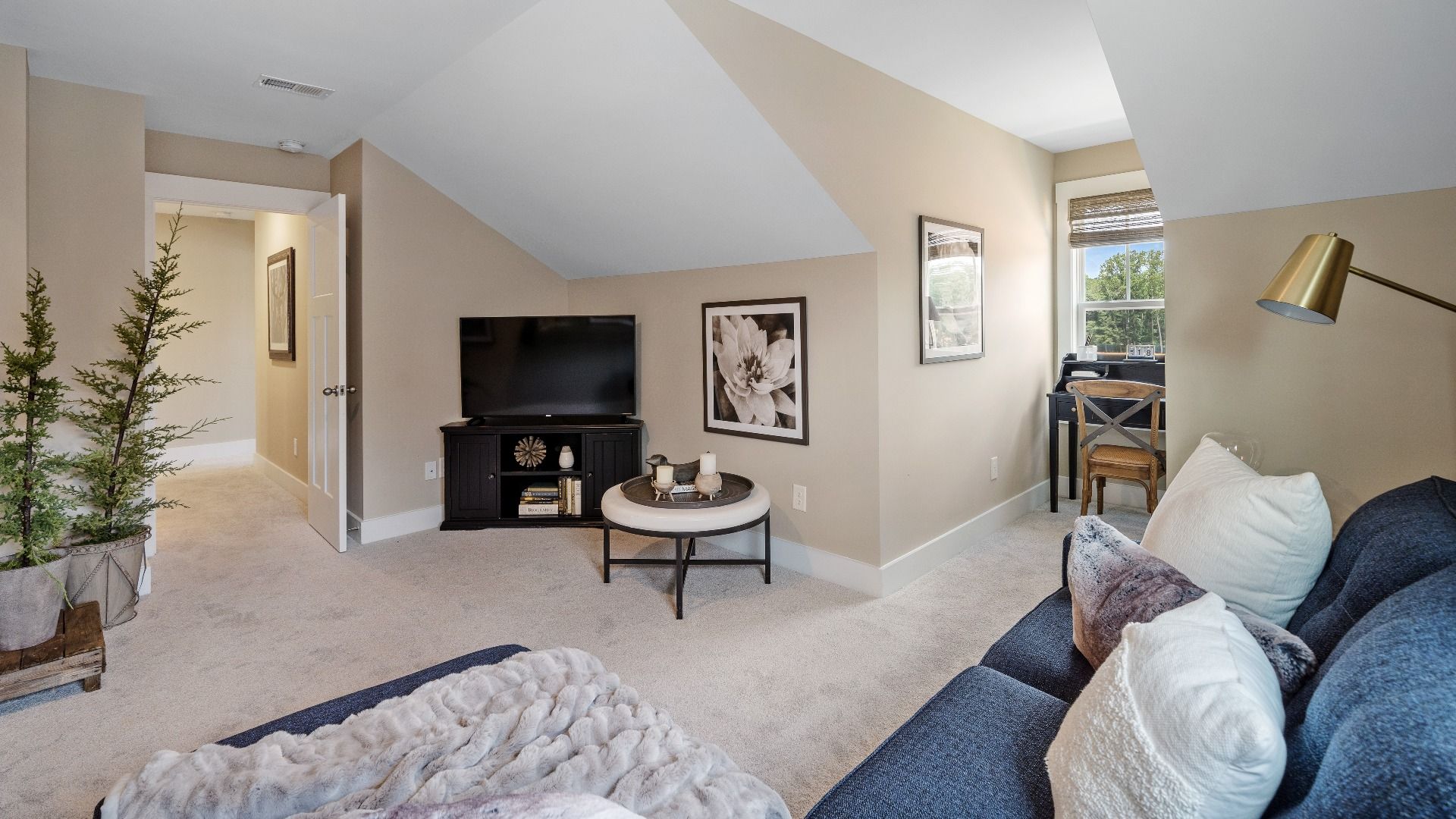 Summit floorplan bonus room with plush carpet and elevated ceilings at Pleasant Falls by DRB Homes in Moore, SC