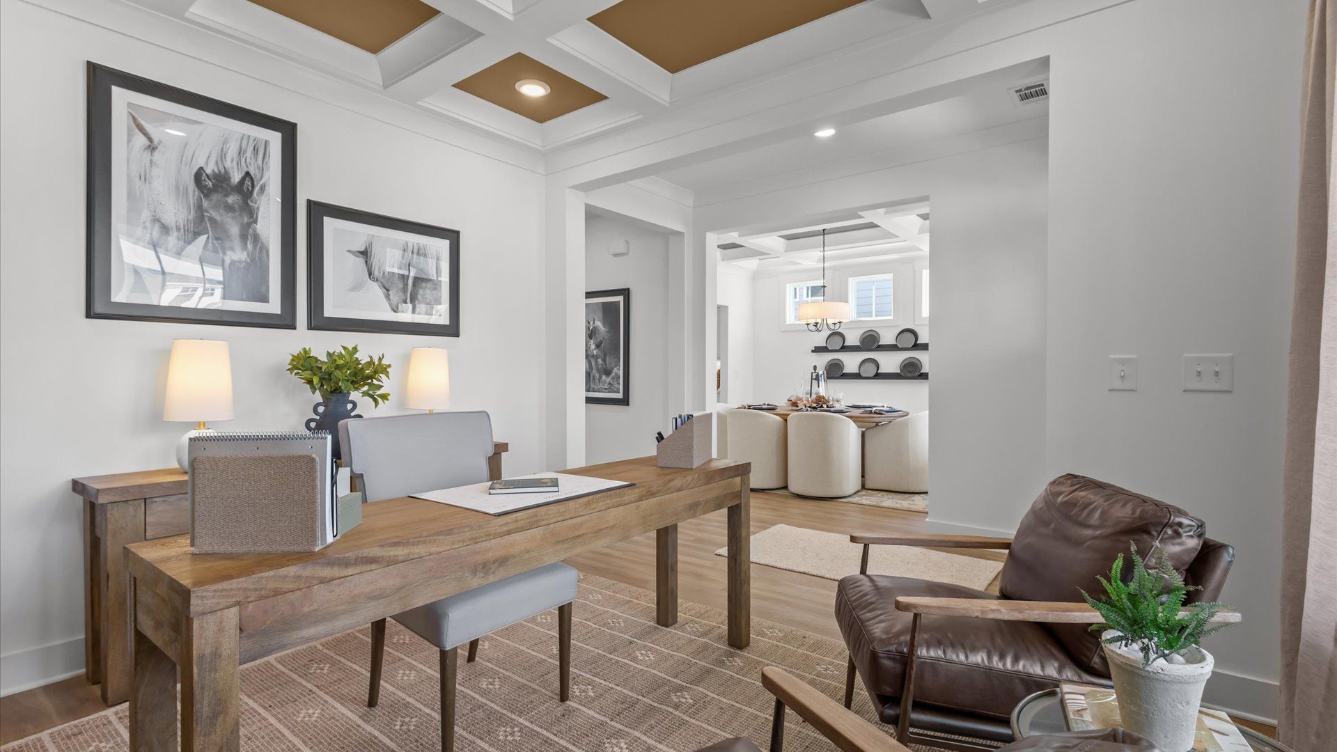 Exclusive study with coffered ceiling and refined finishes