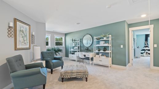 Botanical themed loft space with green accent wall and cozy carpeted flooring at Village at Midway by DRB Homes