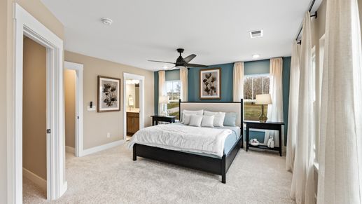 Serene primary suite with plush carpet and large windows in two story townhome at Saluda Crossing by DRB Homes