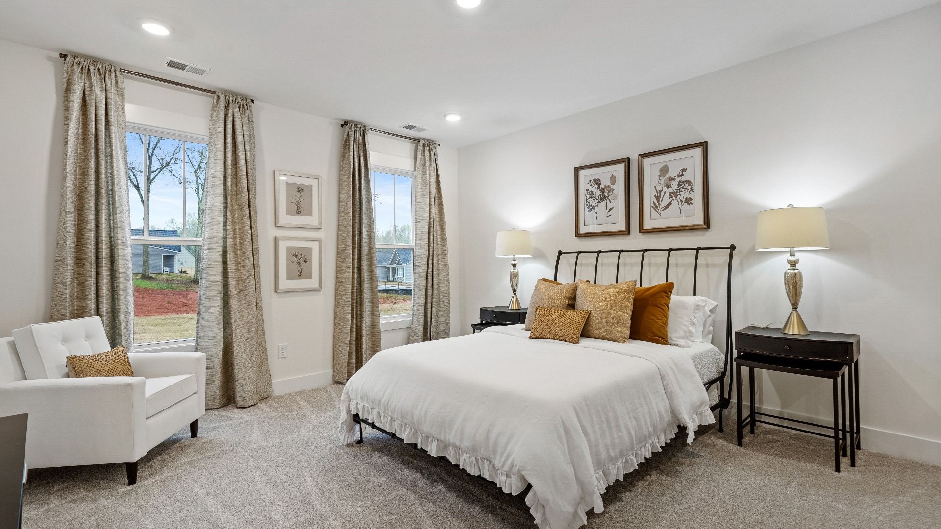 New two story home with secondary bedroom with elevated ceilings, large windows & plush carpet at Pinebrook by DRB Homes