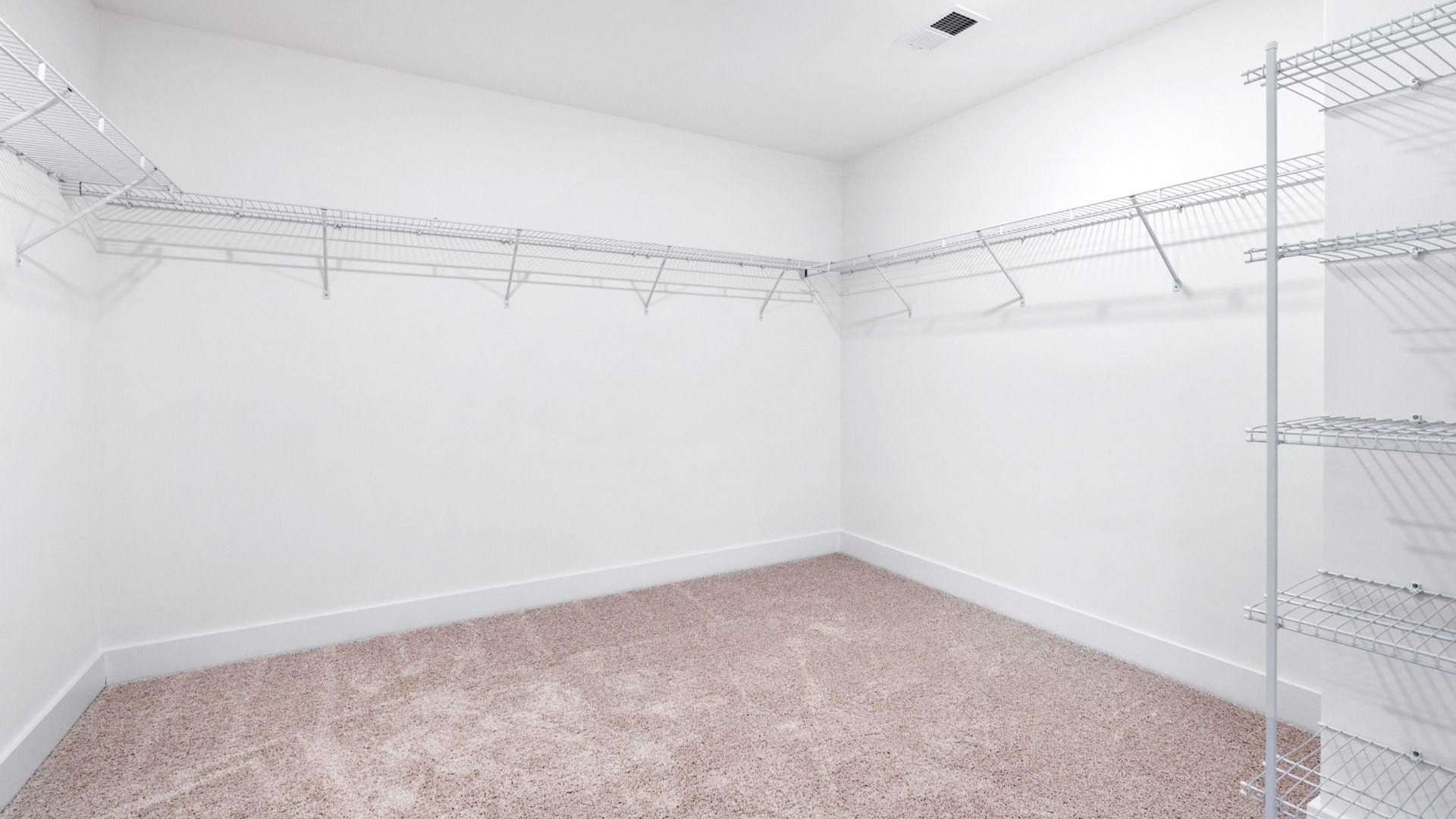 Large walk-in closet in primary suite with included shelving, hanging room & carpeted flooring at Magnolia Park by DRB Homes