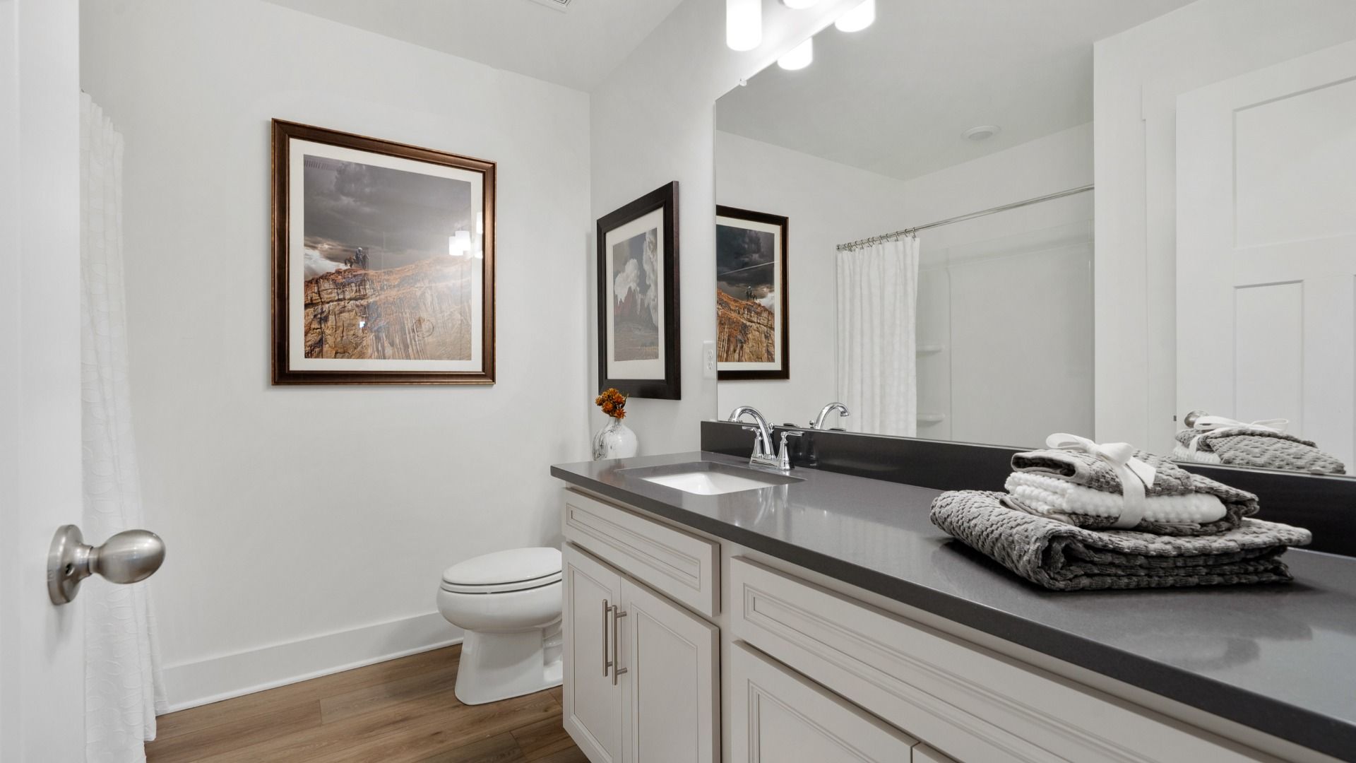Black granite countertopped large vanity with white cabinetry at Barton Hollow by DRB Homes in Fountain Inn, SC