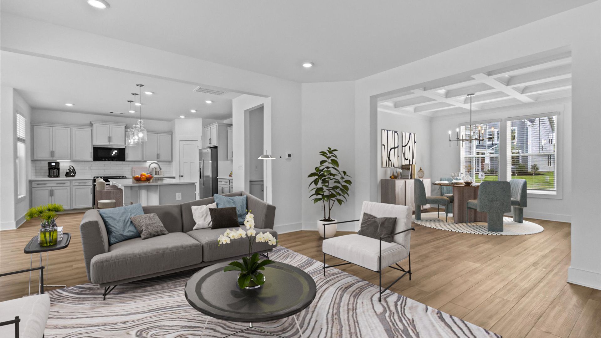 2 story single family home, all white, family room