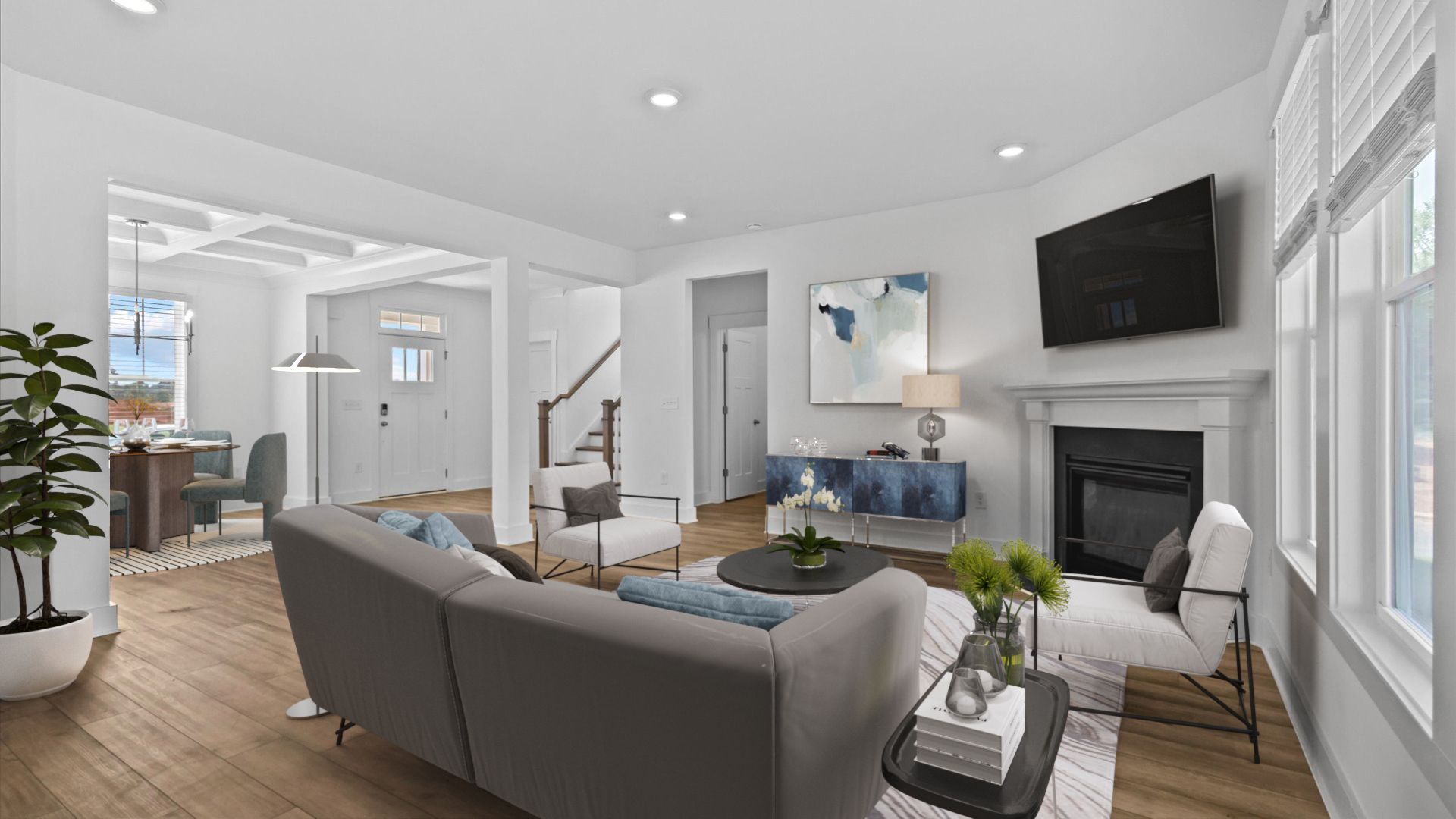 2 story single family home, all white, family room