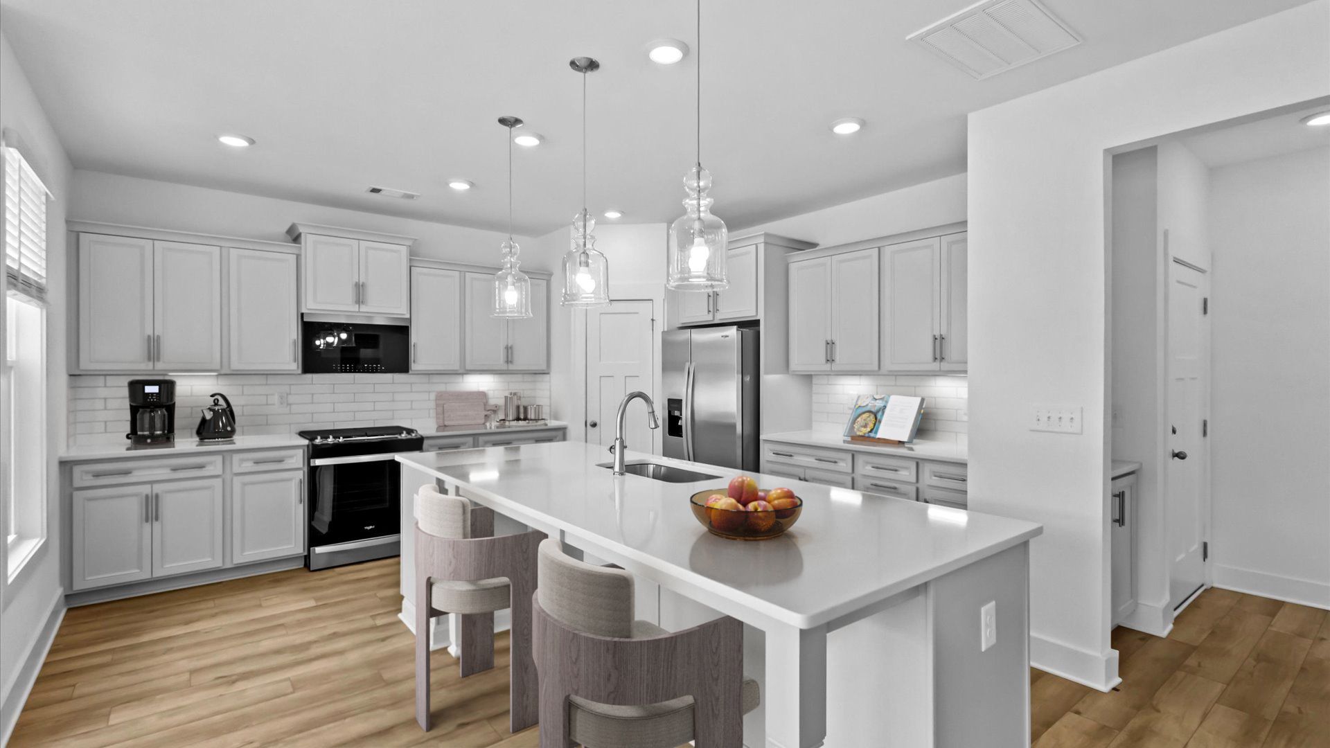 2 story single family home, all white, kitchen