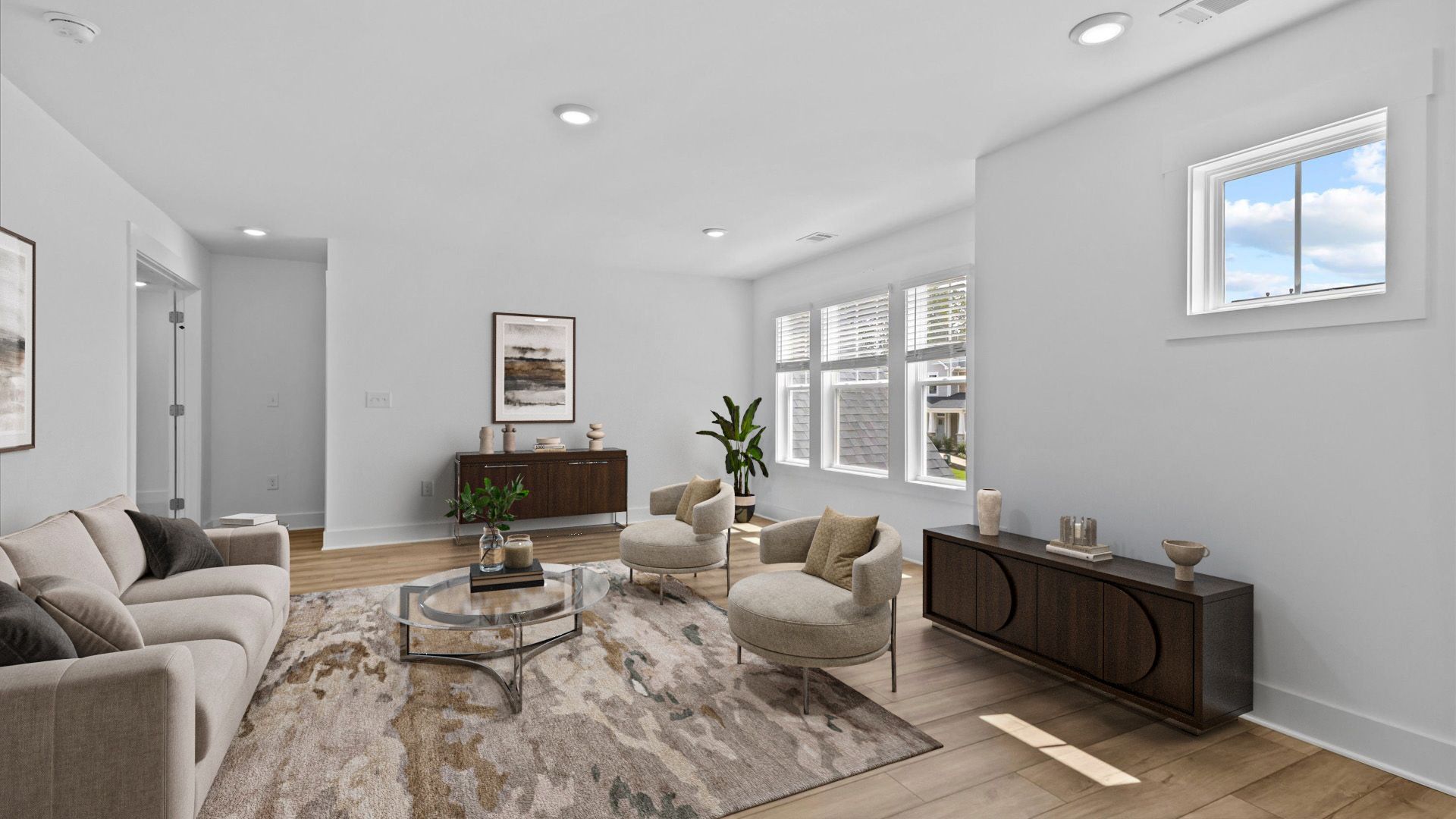 2 story single family home, all white, loft