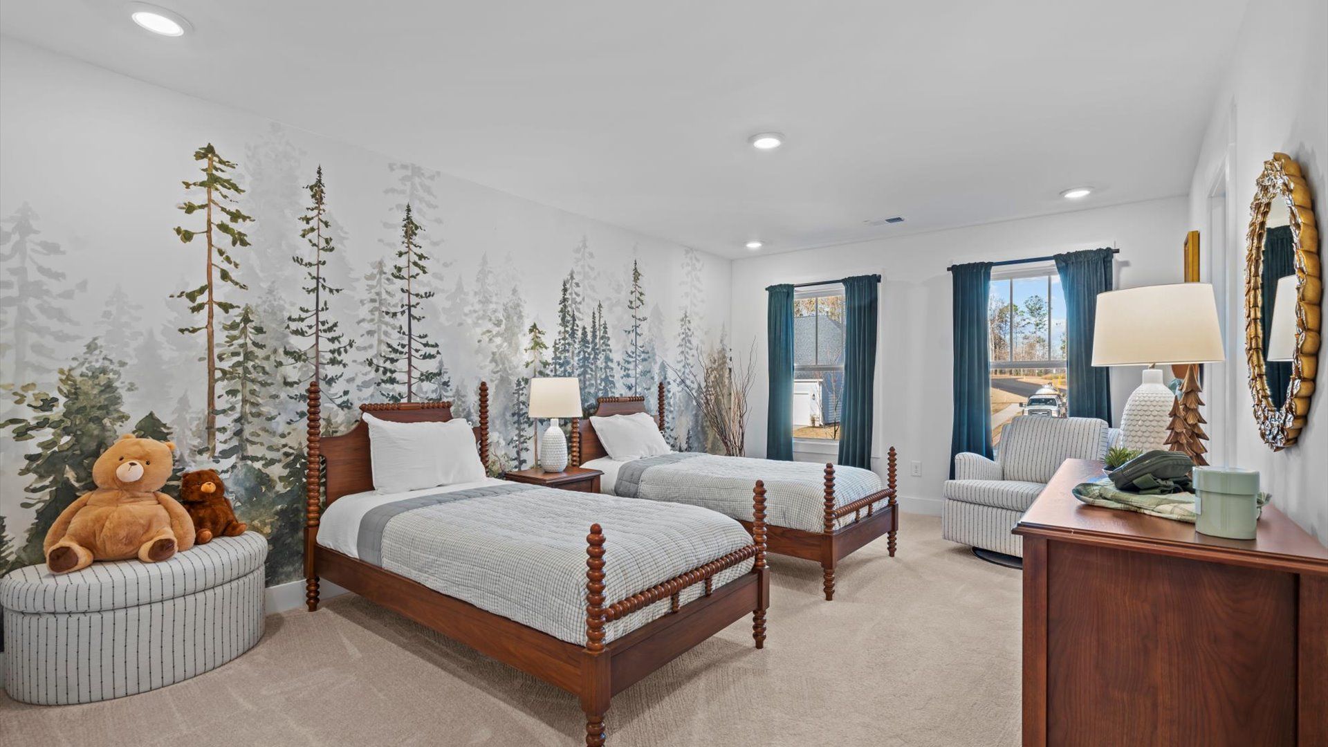 Inviting bedroom for children with carpeted floors, wallpaper, and two double beds at Harrier Point in Woodruff, SC