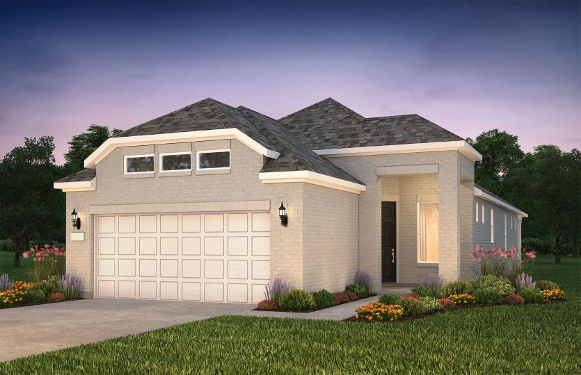The Contour, a one-story home with 2-car garage, shown with Home Exterior TR201 *model representation