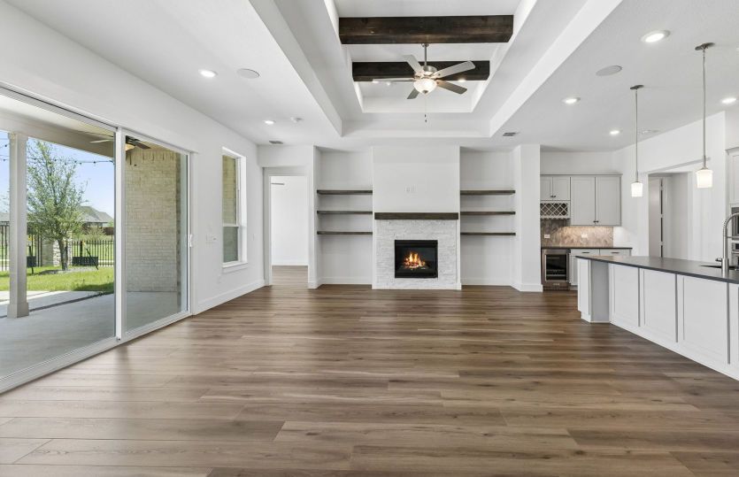 Ceiling beams and sliding doors in gathering room