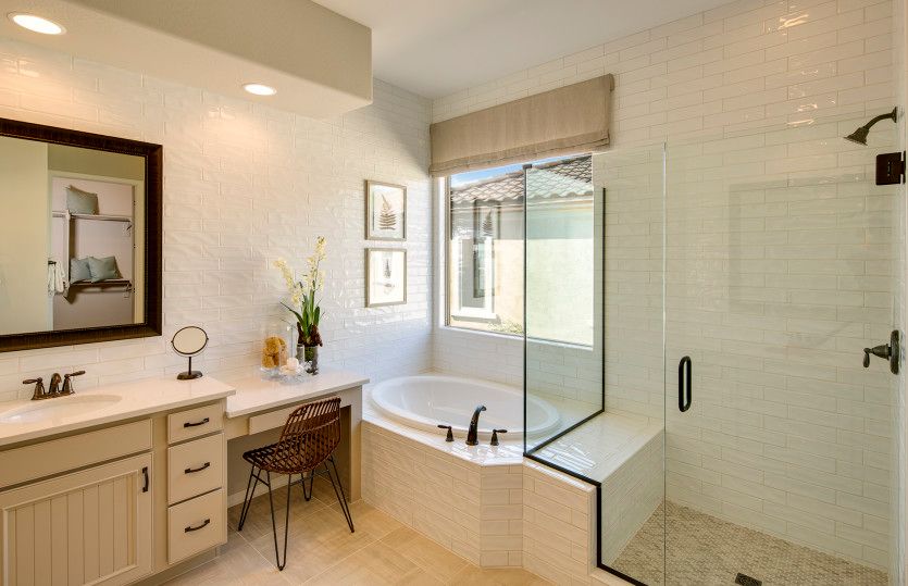 Luxurious owner's bath with glass walk-in shower and large soaking tub