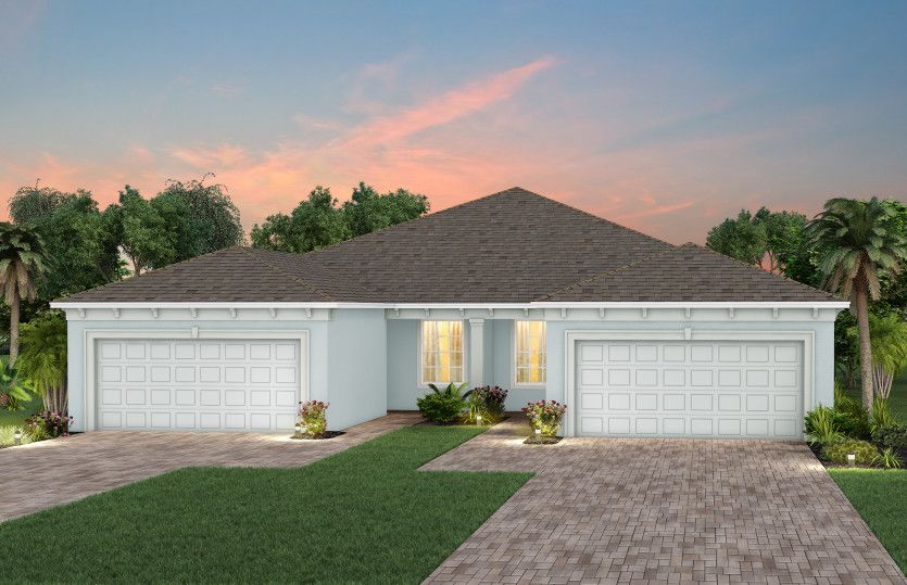 The Ellenwood, a one-story attached villa with a 2 car garage, shown as home exterior FM2A