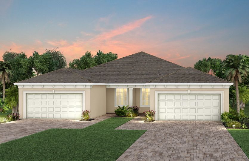 The Ellenwood, a one-story attached villa with a 2 car garage, shown as home exterior FM2