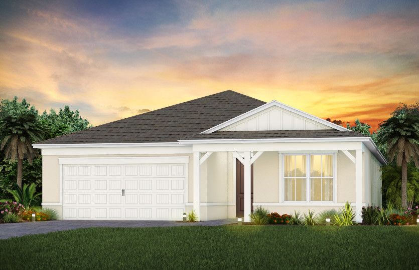The Prosperity, a one-story single family home with a 2 car garage, shown as home exterior CO3